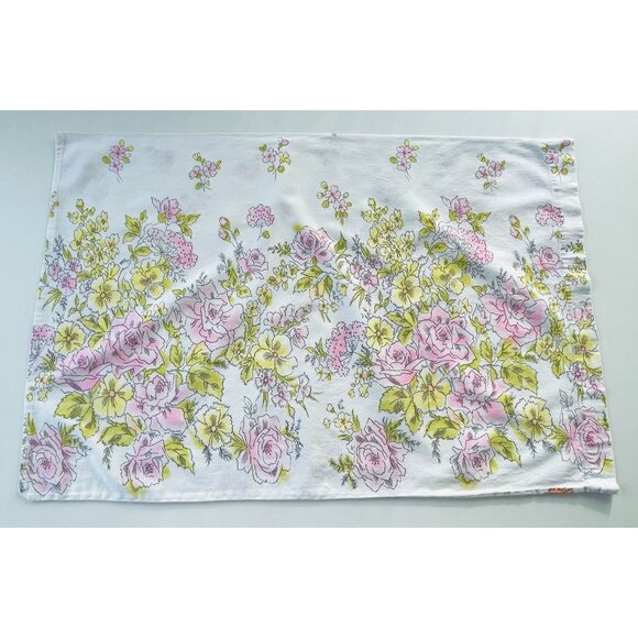 Vintage 70s pillowcase, pink yellow floral two sided, single pillow sham - Picture 2 of 8